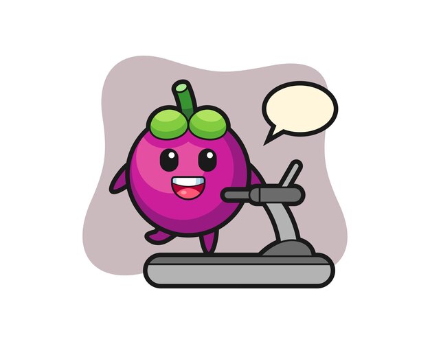 Personaje de dibujos animados de mangostán caminando en la cinta de correr, diseño de estilo lindo para camiseta, pegatina, elemento de logotipo