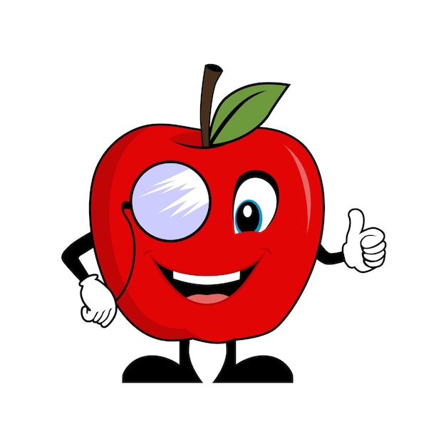 Personaje de dibujos animados de manzana roja con gafas de sol dando pulgar hacia arriba