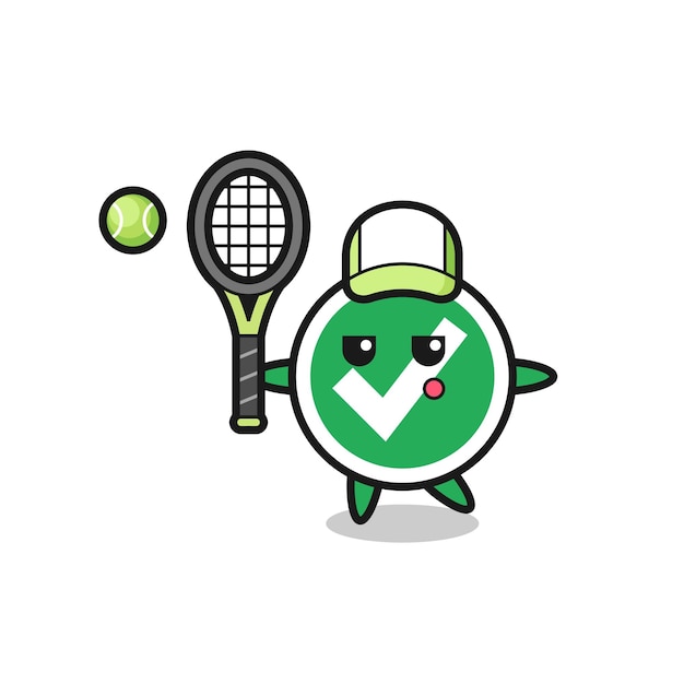 Personaje de dibujos animados de marca de verificación como un lindo diseño de jugador de tenis