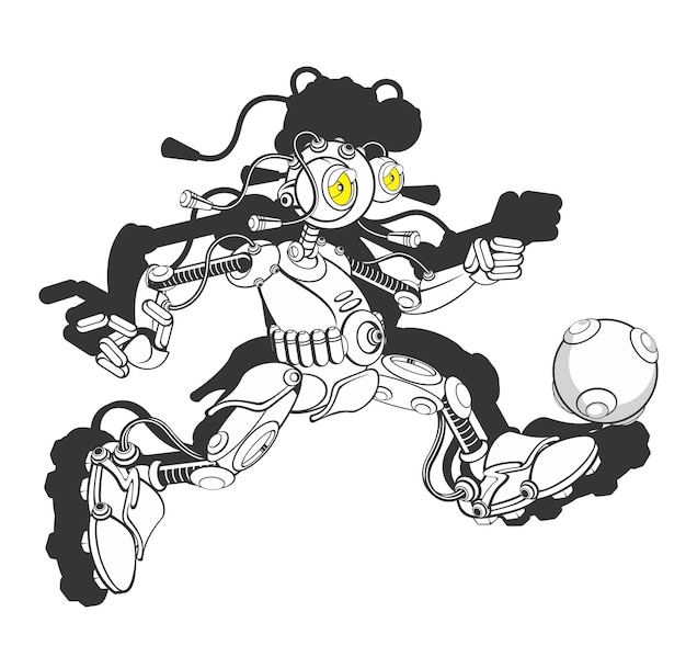 Vector un personaje de dibujos animados con una máscara de gas corriendo con una pelota en la boca.
