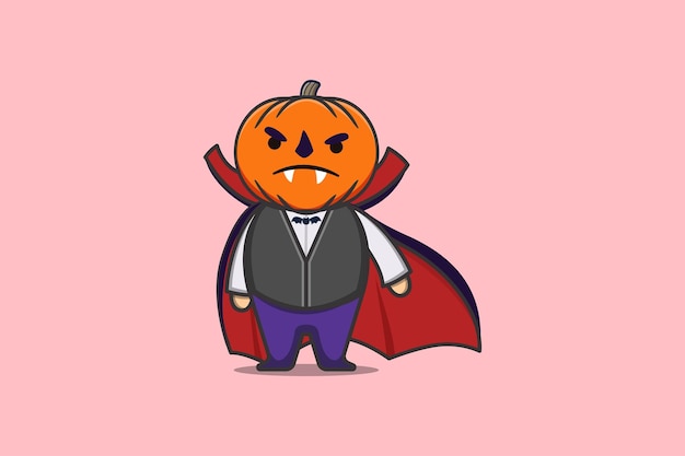 Personaje de dibujos animados de mascota linda Ilustración de halloween de calabaza de vampiro aterrador
