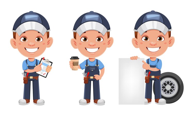 Vector personaje de dibujos animados mecánico automático conjunto automecánico alegre de tres poses