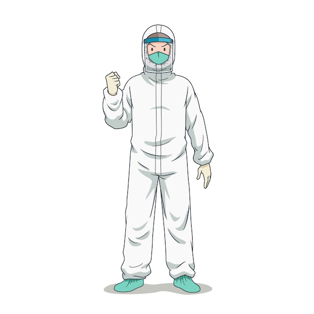 Personaje de dibujos animados del médico en ropa de protección de seguridad.