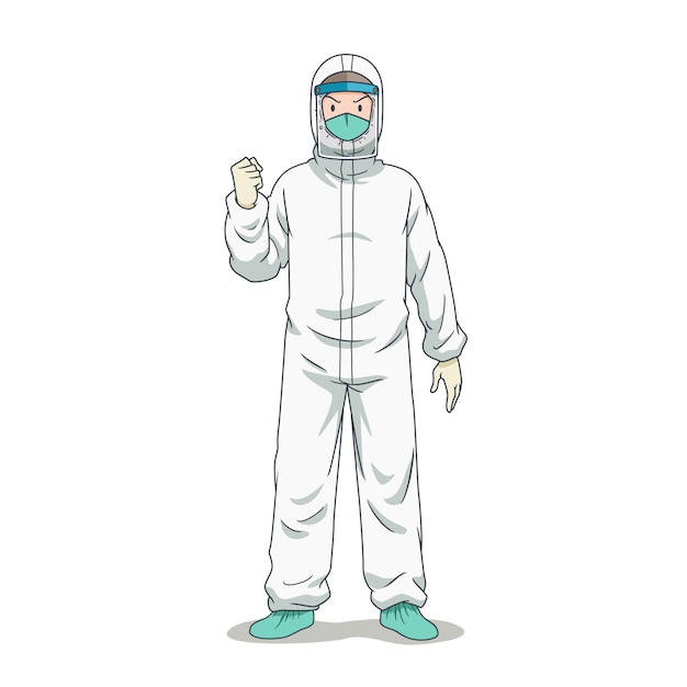 Vector personaje de dibujos animados del médico en ropa de protección de seguridad.