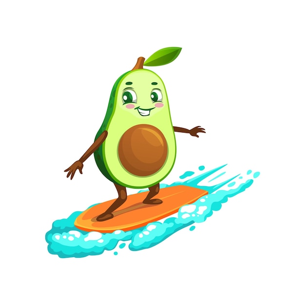 Vector personaje de dibujos animados mexicano alegre surfista de aguacate