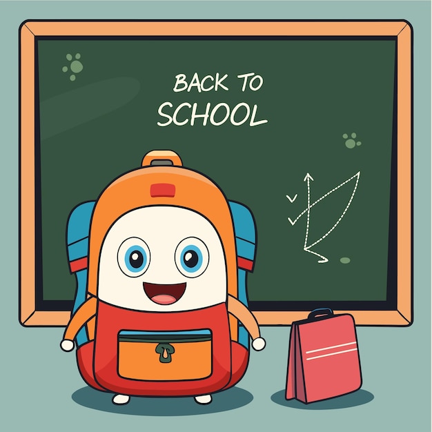 un personaje de dibujos animados con una mochila y una mochila que dice de vuelta a la escuela