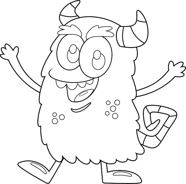 Personaje de dibujos animados de monstruo feliz contorneado con ilustración de dibujado a mano de vector de brazos abiertos