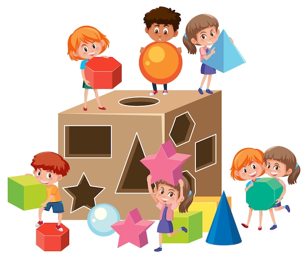 Vector personaje de dibujos animados de muchos niños jugando con juguetes de formas