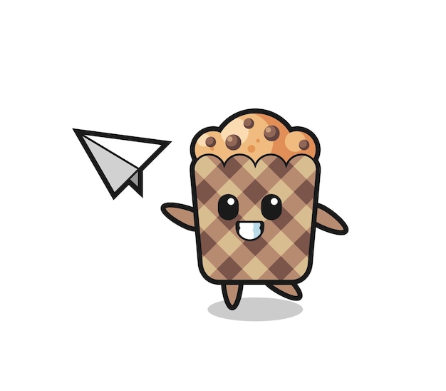 Personaje de dibujos animados de muffin lanzando avión de papel, diseño lindo