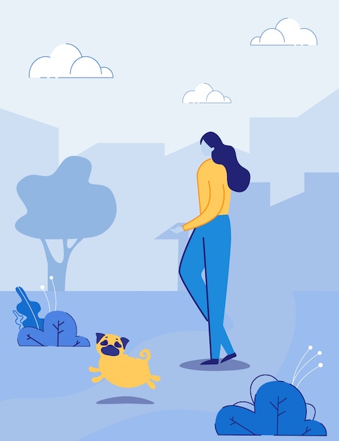 Vector personaje de dibujos animados mujer caminando con perro mascota en el parque de la ciudad