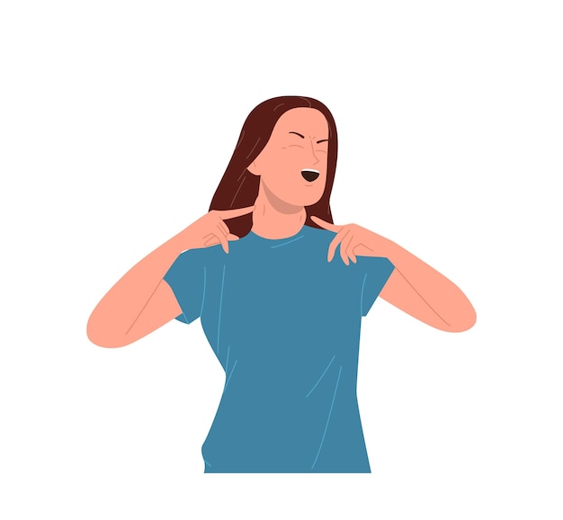 Personaje de dibujos animados de mujer enferma señalando ganglios linfáticos inflamados hinchados en el cuello aislados en blanco