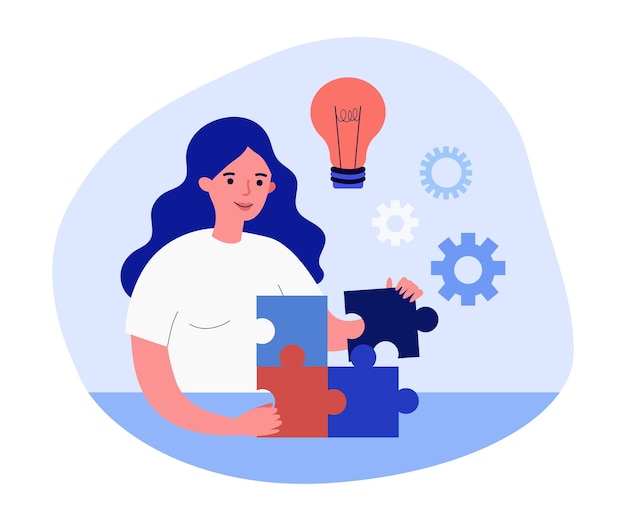Personaje de dibujos animados mujer feliz juntando piezas de rompecabezas. Mujer con nueva idea para resolver problemas ilustración vectorial plana. Estrategia, solución, concepto de éxito para banner o página web de destino.