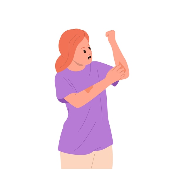 Personaje de dibujos animados de una mujer joven aislada con psoriasis, una enfermedad de la piel que siente incomodidad y dolor.