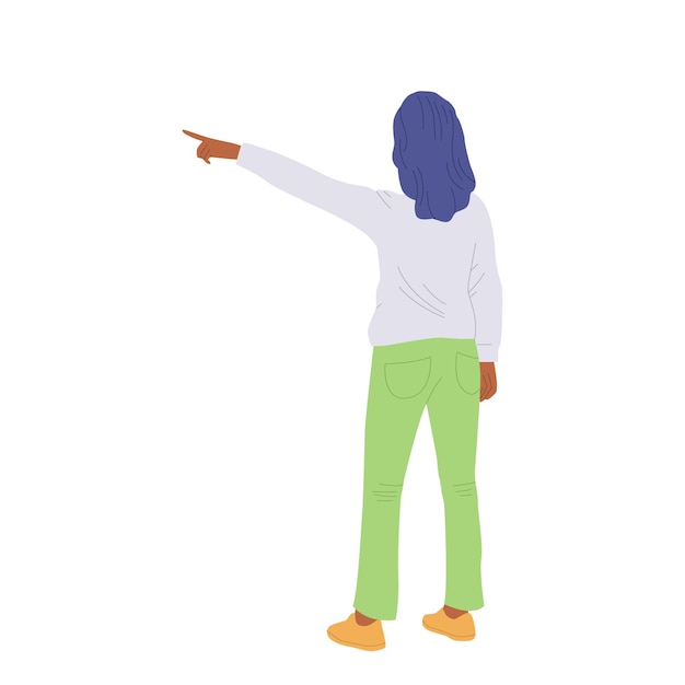Personaje de dibujos animados de mujer joven apuntando a un lado con el dedo índice de pie aislado en fondo blanco