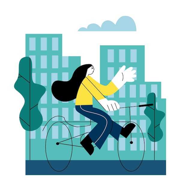 Personaje de dibujos animados de mujer joven con bicicleta urbana