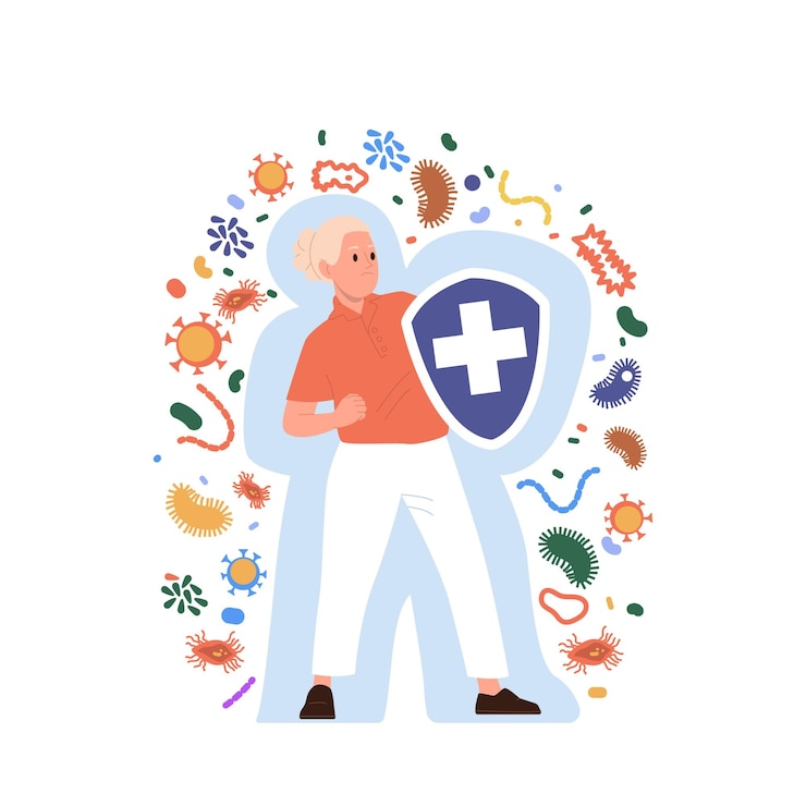 Vector personaje de dibujos animados de mujer joven resistente con escudo de inmunidad que lucha contra virus y bacterias aislados en fondo blanco ilustración vectorial de inmunología sanitaria y medicina preventiva