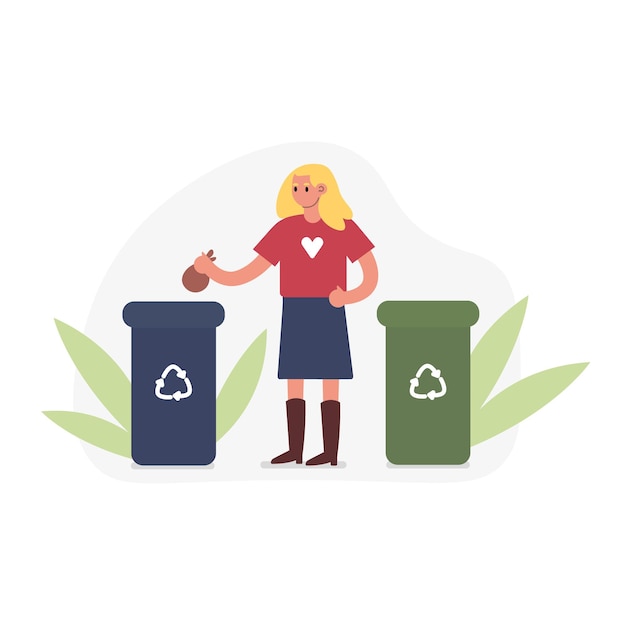 Personaje de dibujos animados de mujer joven tirando basura en la papelera de reciclaje