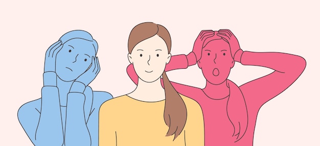 Vector personaje de dibujos animados de mujer joven con trastorno bipolar o trastorno límite de la personalidad