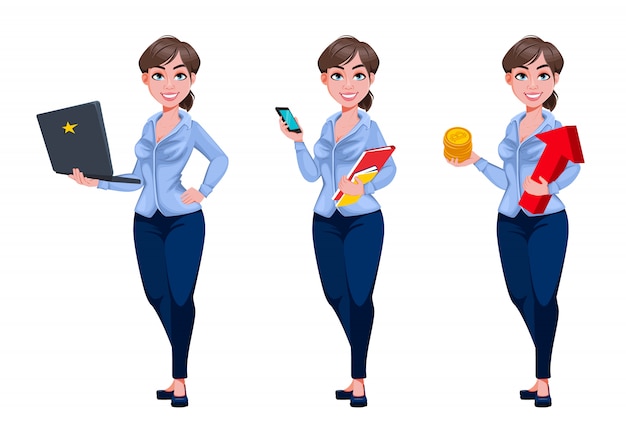 Personaje de dibujos animados de mujer de negocios hermosa joven