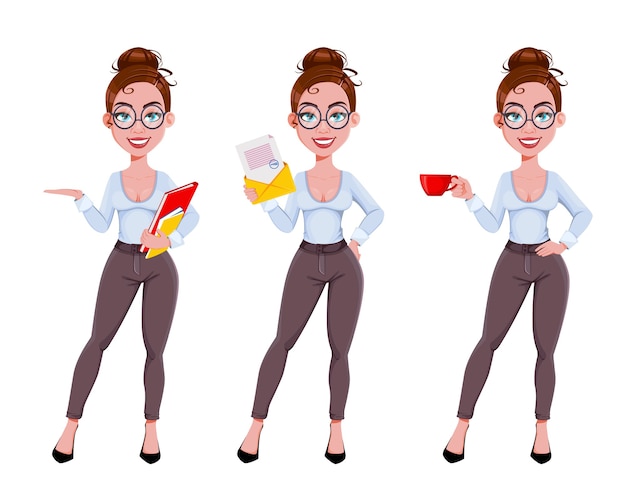 Personaje de dibujos animados de mujer de negocios hermosa joven