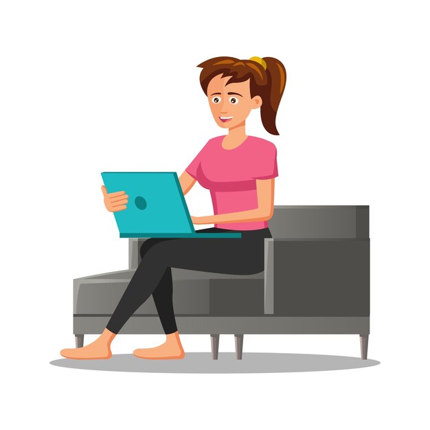 Vector personaje de dibujos animados de mujer usando laptop