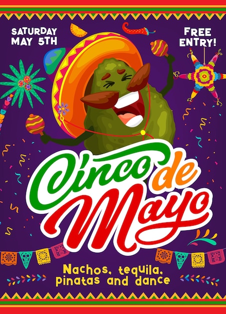 El personaje de dibujos animados del músico de aguacate Cinco De Mayo