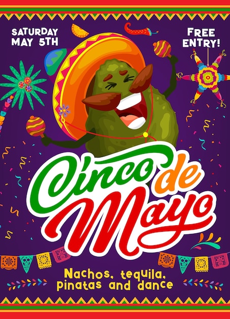 Vector el personaje de dibujos animados del músico de aguacate cinco de mayo