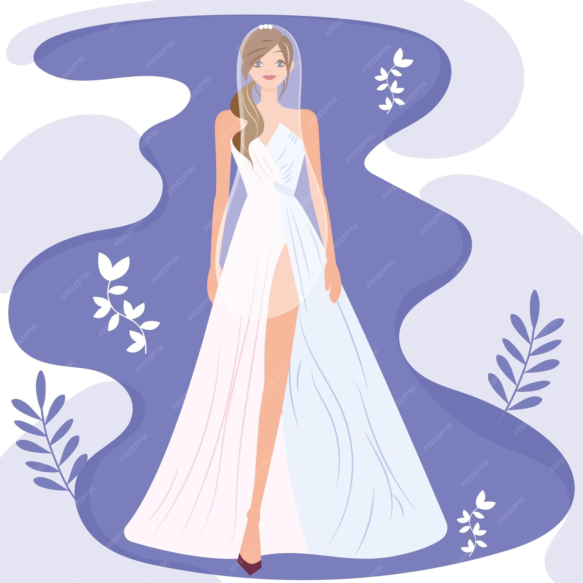 Personaje de dibujos animados de niña bonita en vestido de novia plantilla  de color de boda ilustración vectorial | Vector Premium