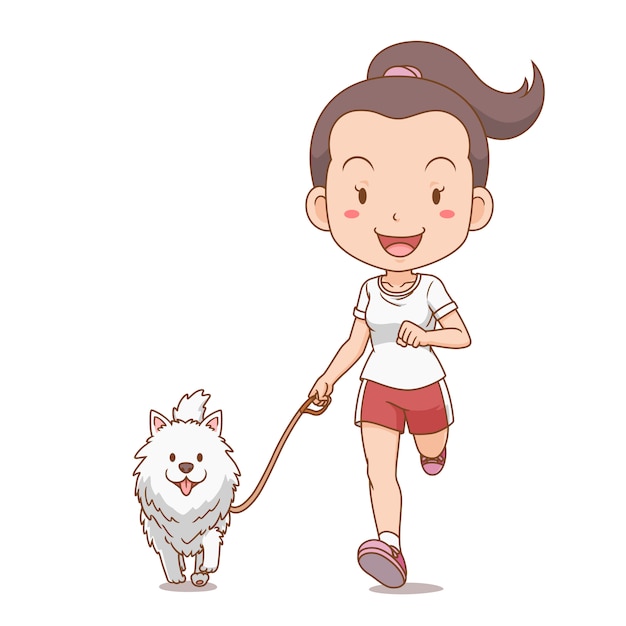 Personaje de dibujos animados de niña corriendo con perro pomerania.