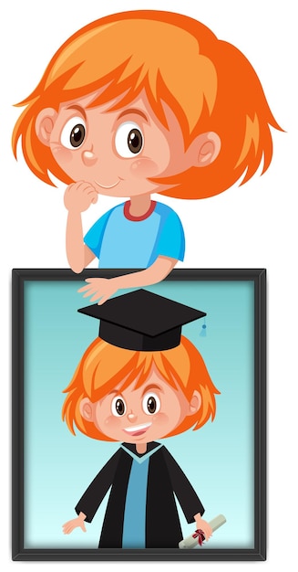 Personaje de dibujos animados de una niña sosteniendo su retrato de graduación