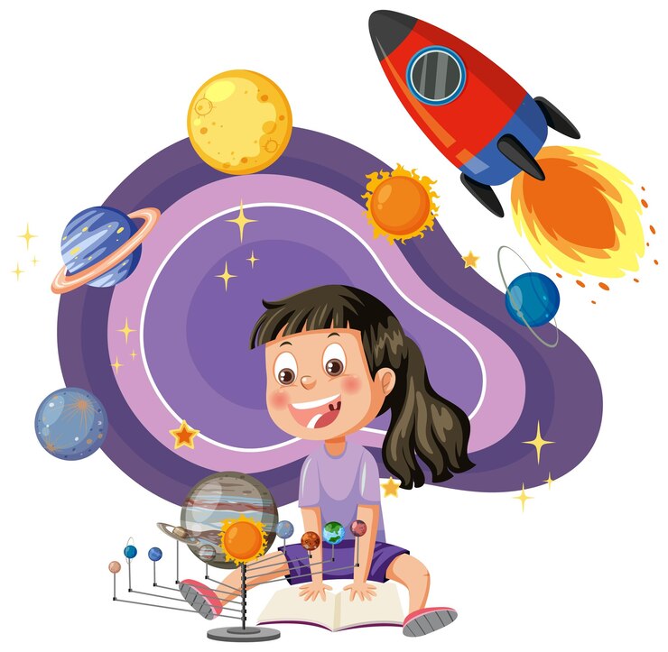 Un personaje de dibujos animados de niña en el tema del espacio.