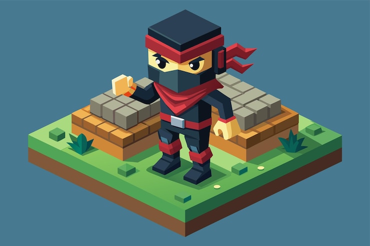 Vector un personaje de dibujos animados ninja personalizable está de pie en un pedazo de papel en una ilustración isométrica ninja ilustración isométrica personalizable