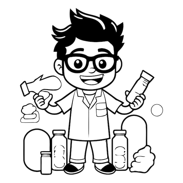 Vector personaje de dibujos animados niño con bata de laboratorio y gafas ilustración vectorial