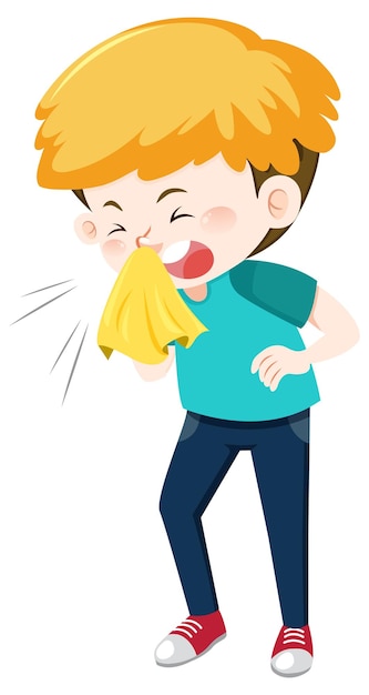 Un personaje de dibujos animados de niño enfermo sobre fondo blanco.