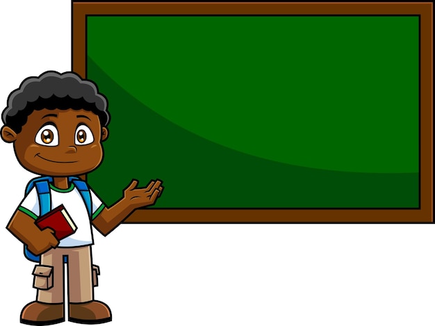 Personaje de dibujos animados de niño de escuela afroamericana con libros de texto apuntando a tablero de tiza verde