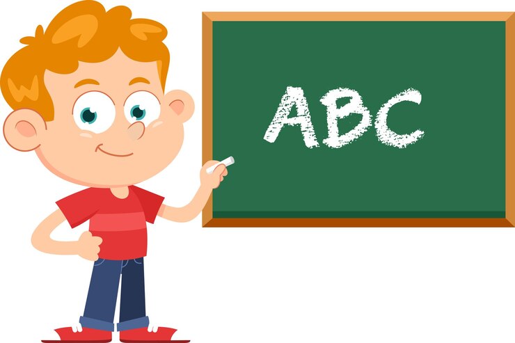 Vector personaje de dibujos animados de niño de escuela sonriente escribiendo en diseño plano de ilustración vectorial de pizarra