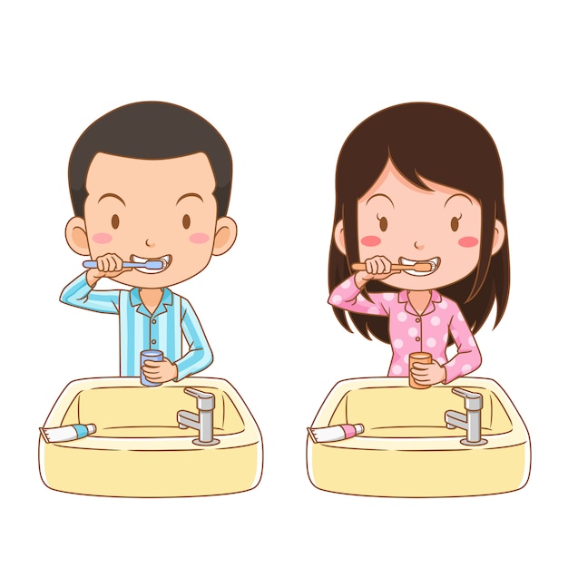 Vector personaje de dibujos animados de niño y niña cepillarse los dientes.