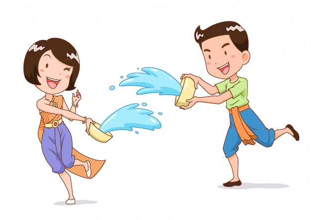 Personaje de dibujos animados de niño y niña salpicando agua con cuenco de agua en el festival de songkran, tailandia.