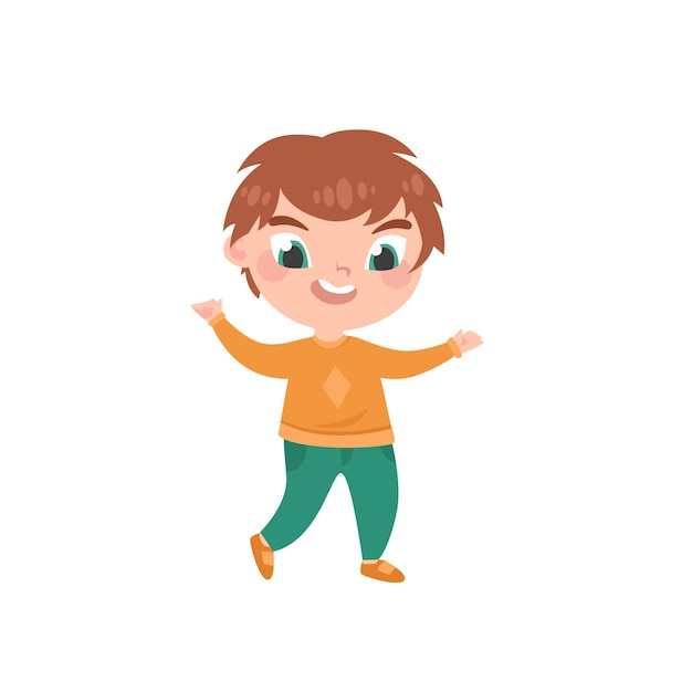 Personaje de dibujos animados de niño pequeño de pie sobre un fondo blanco