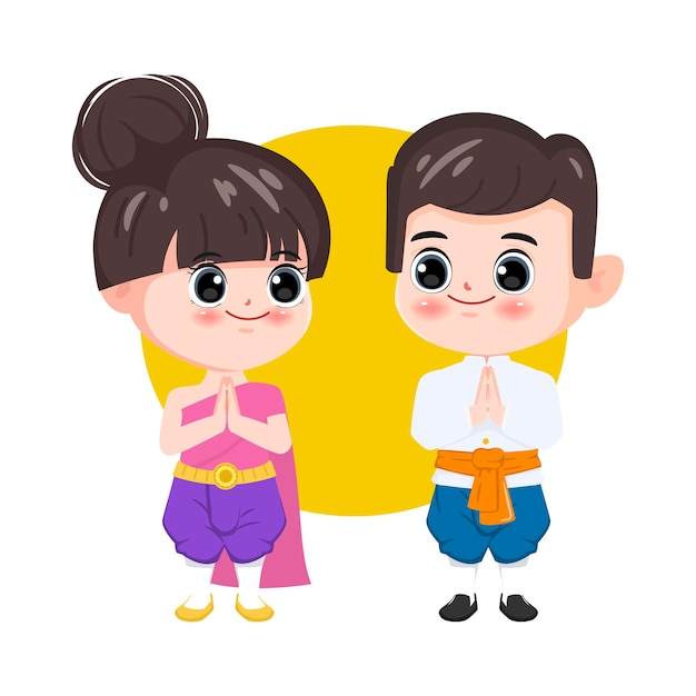 Personaje de dibujos animados de niños y niñas tailandeses tradicionales en poses de namaste.