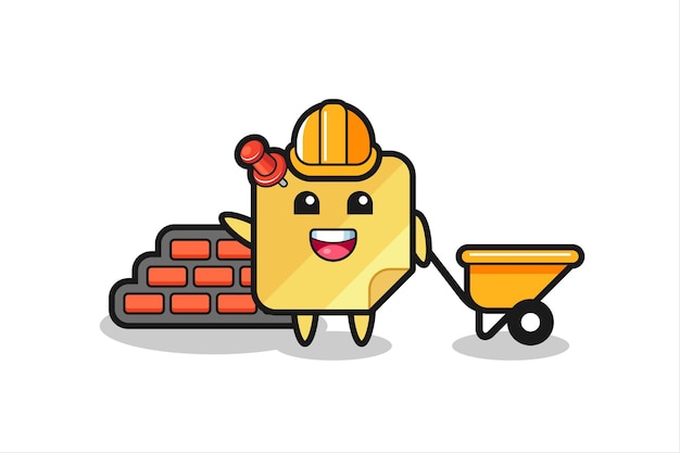 Personaje de dibujos animados de nota adhesiva como constructor, diseño de estilo lindo para camiseta, pegatina, elemento de logotipo