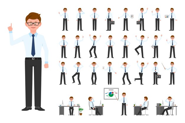 Personaje de dibujos animados oficina hombre de negocios ilustración vectorial Diseño de estilo plano anteojos trabajador hombre persona posa conjunto