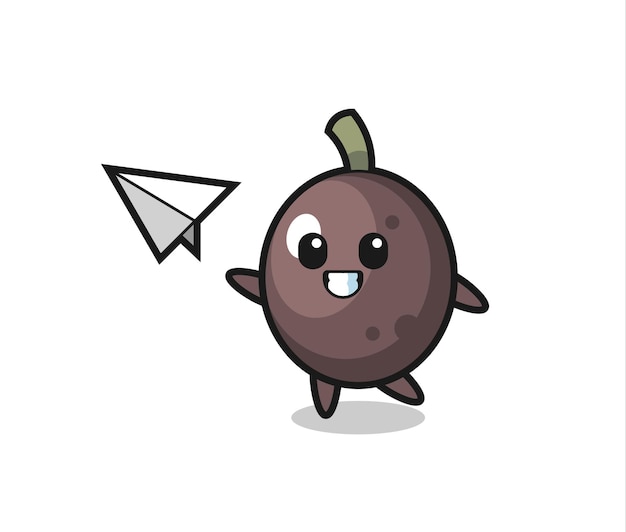personaje de dibujos animados de oliva negra lanzando un avión de papel, diseño de estilo lindo para camiseta, pegatina, elemento de logotipo
