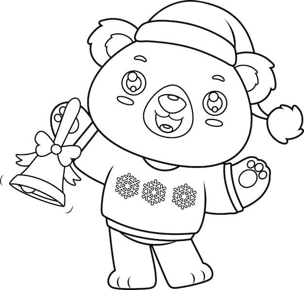 El personaje de dibujos animados del oso de peluche de navidad sonando una campana vector ilustración dibujada a mano