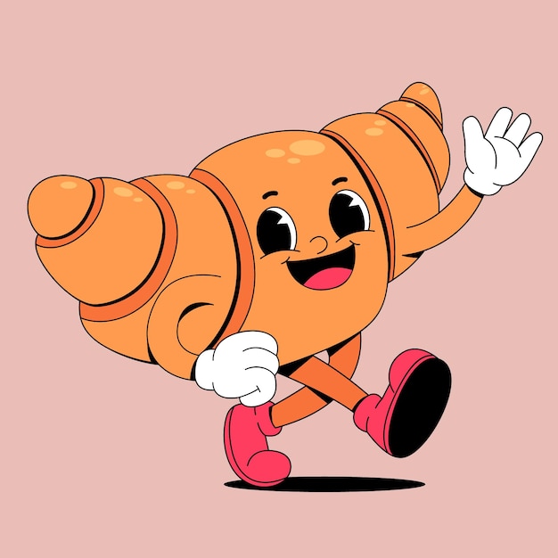 Un personaje de dibujos animados de un pan de croissant agitando felizmente