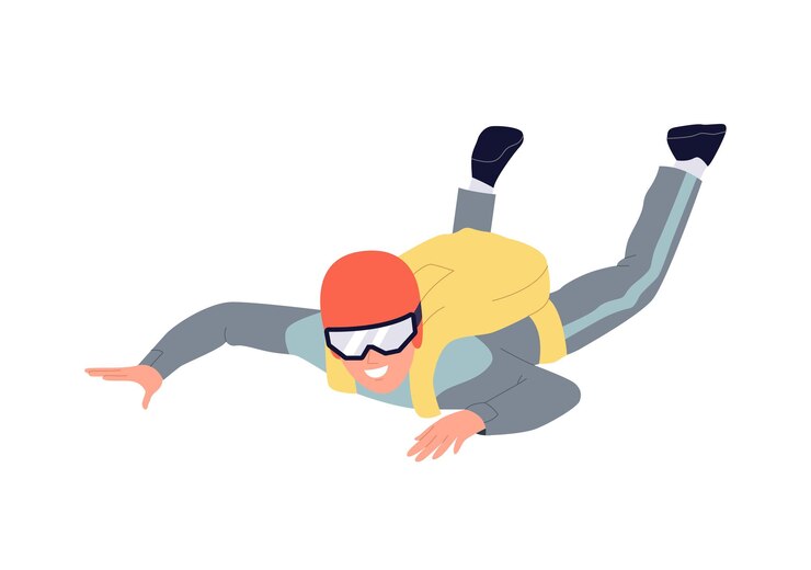 Vector personaje de dibujos animados de paracaidistas volando en el cielo con paracaídas cerrado disfrutando de estilo libre flotando
