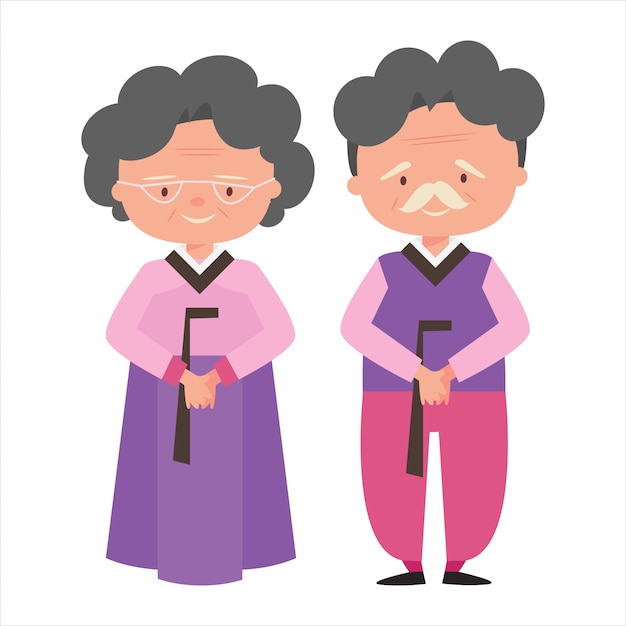 Personaje de dibujos animados pareja de ancianos en traje coreano.