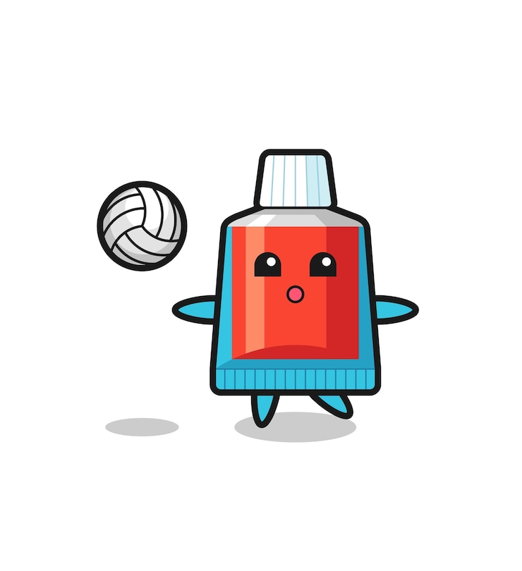 Vector personaje de dibujos animados de pasta de dientes está jugando voleibol