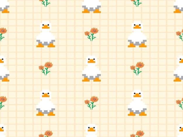 Personaje de dibujos animados de pato de patrones sin fisuras sobre fondo amarillo estilo Pixel