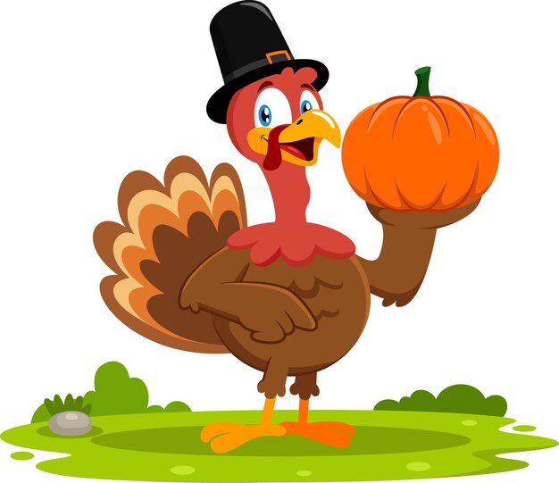 Personaje de dibujos animados de pavo peregrino feliz sosteniendo un diseño plano de ilustración vectorial de calabaza